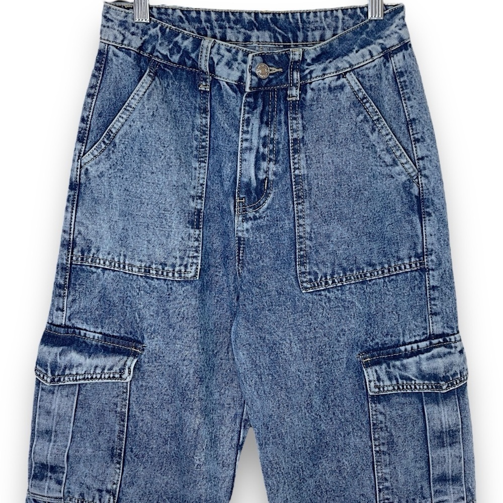 SHEIN Cargo Jeans Women’s Sz XS/2 High Waisted Wide Leg Acid Wash Y2K Denim - Picture 5 of 15